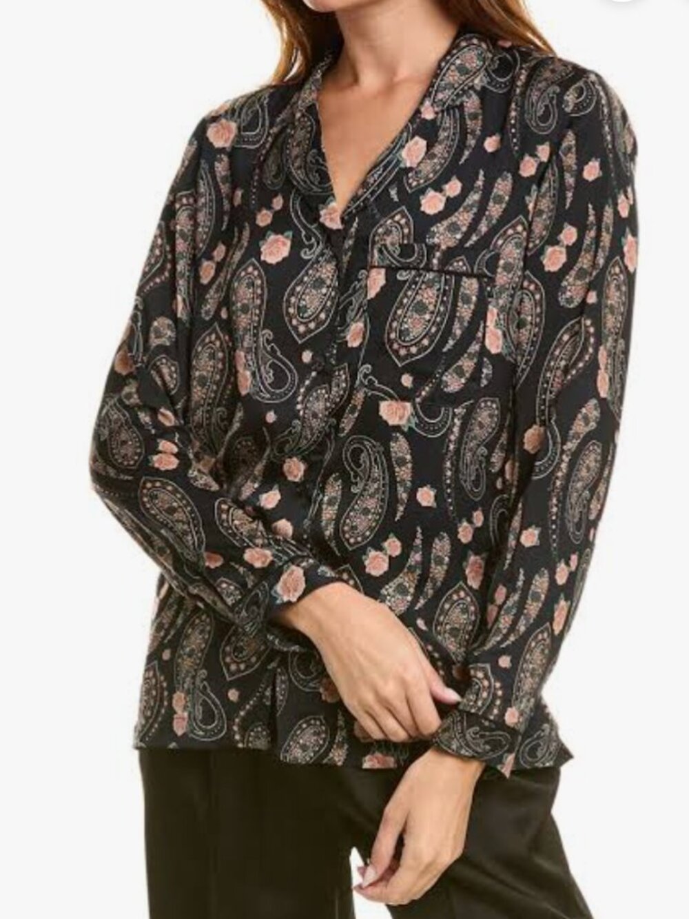 NWOT The Kooples Black Satin Paisley & Floral Button Down Blouse / M